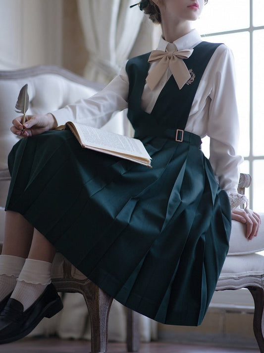 Green Belt with Embroidery 65 Preppy Overalls Box Pleat Skirt / and 70cm Dark