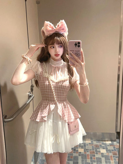 Mit zweiteiligem Faux Pink Kleid Muster Plaid Weiß