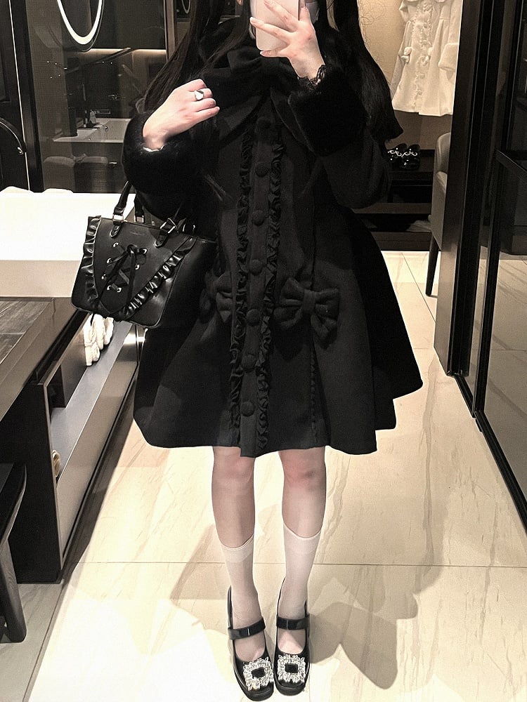 Jirai Kei White/Black Detachable Cape Bowknot Details Landmine Style Coat