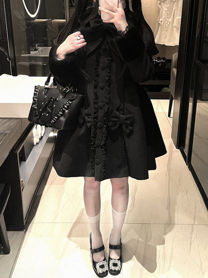 Jirai Kei White/Black Detachable Cape Bowknot Details Landmine Style Coat