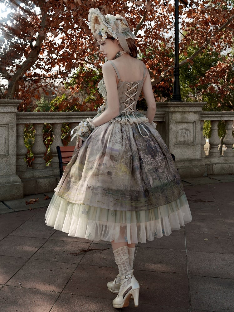 Jupe Lolita en tulle à imprimé floral et peinture à l'huile verte
