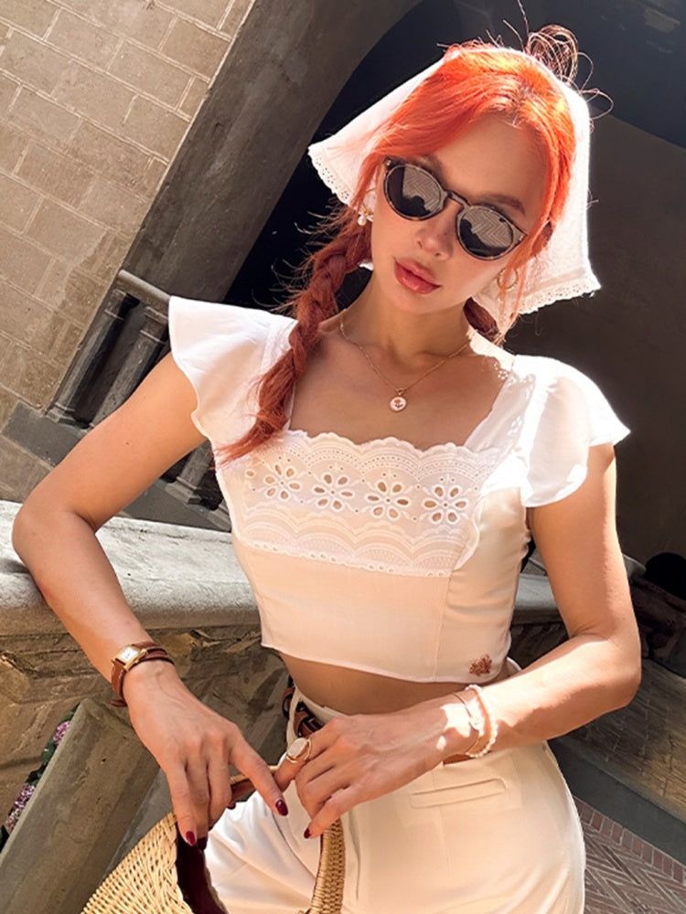 Vintage White Hollowed-out Cropped Top