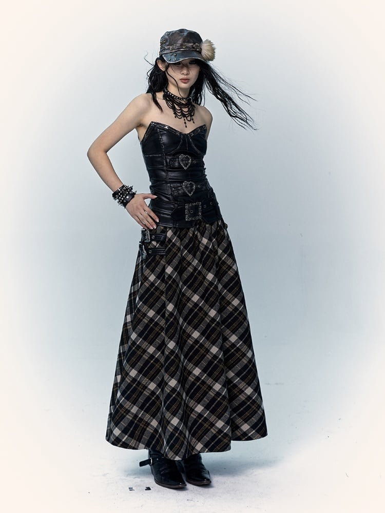 Black&Brown Plaid Ankle Length Skirt