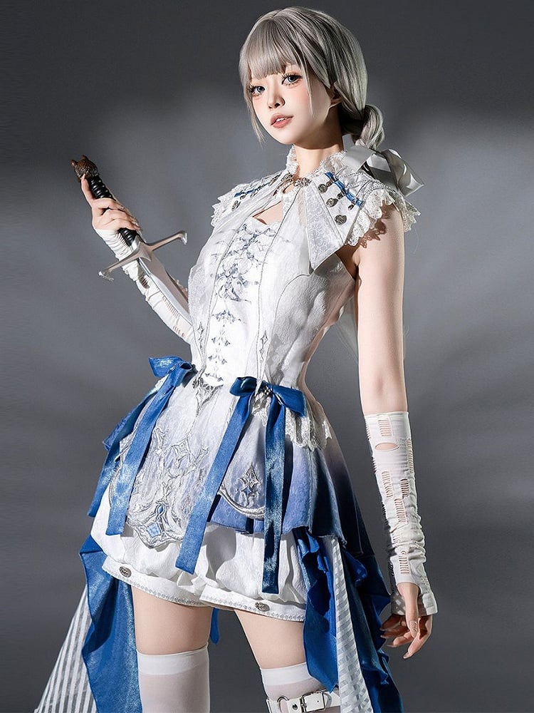 Lolita Handkerchief White Skirt with Blue Dragon And Neck Dress Straps Print Layered Crisscross Gothic Bone