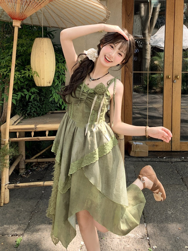 Green Handkerchief Hem with Dress Shoulder Mori Kei Cami Straps Self-tie