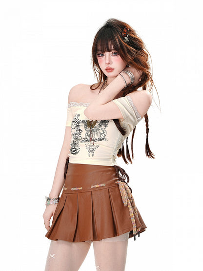 Apricot/Brown Off-the-shoulder Neckline Lace Trim Bear Print Glamorous Cropped T-Shirt