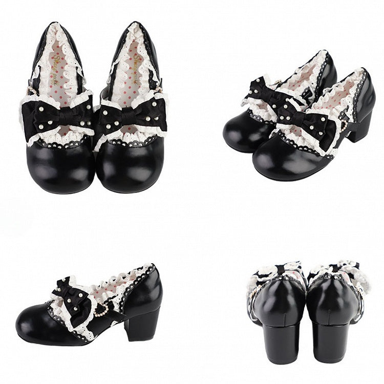 Bow Sweet Beaded Accent Scalloped-Edge with Mary Black Strap Buckle Decorated Leather - Janes Lolita PU