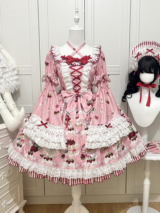 Lolita Bell Short Print Dress Strawberry with Pink Detachable Sweet Sleeves Cake