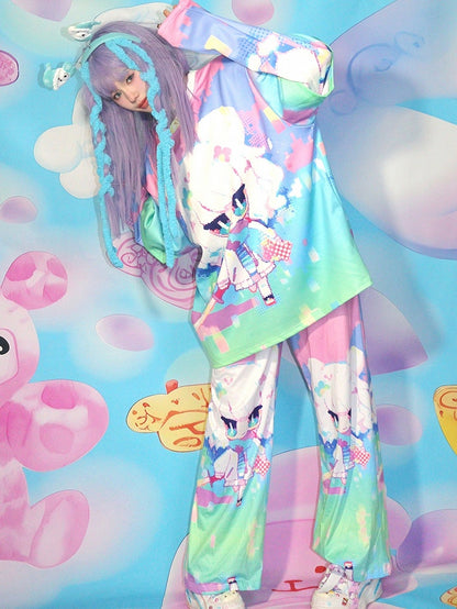Y2K Gerade geschnittene Hose mit buntem Print und Cartoon-Muster