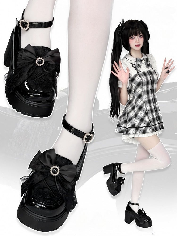 Bow High Block Kei Jirai Top Black Beaded Platform Heels Sole PU Decor with