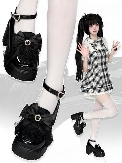 Bow High Block Kei Jirai Top Black Beaded Platform Heels Sole PU Decor with