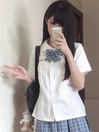 Stil Kurze Preppy Pan Weiß/Blau Peter Shirt Ärmel Version Faltendetails Kragen