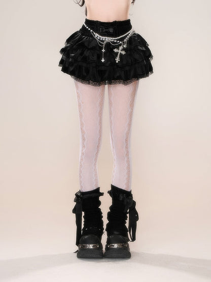 Black Pink Lace Trim Balletcore Tiered Skirt