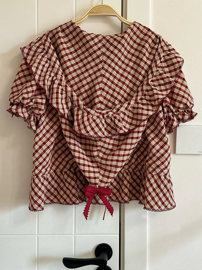 Bluse Rot mit Kapuze Muster Kurze Lolita Ärmel Plaid