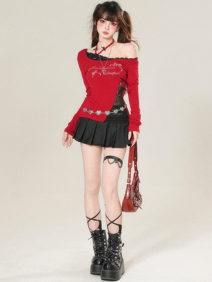 Und Ärmeln Brief Top Lange Strass Verziert Bowknot Glamourös Rot/Schwarz
