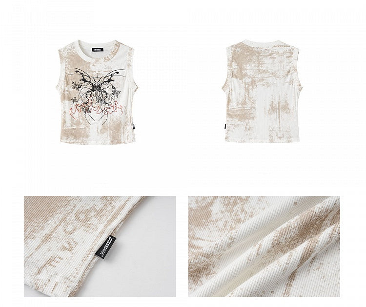 Top Fit Tank Y2K Butterfly Print Slim White