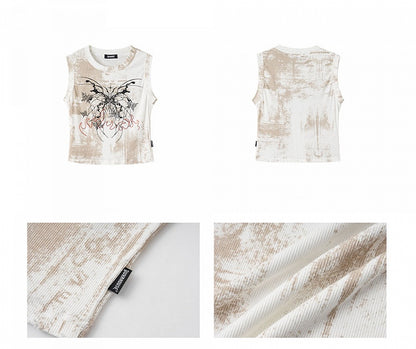 Top Fit Tank Y2K Butterfly Print Slim White
