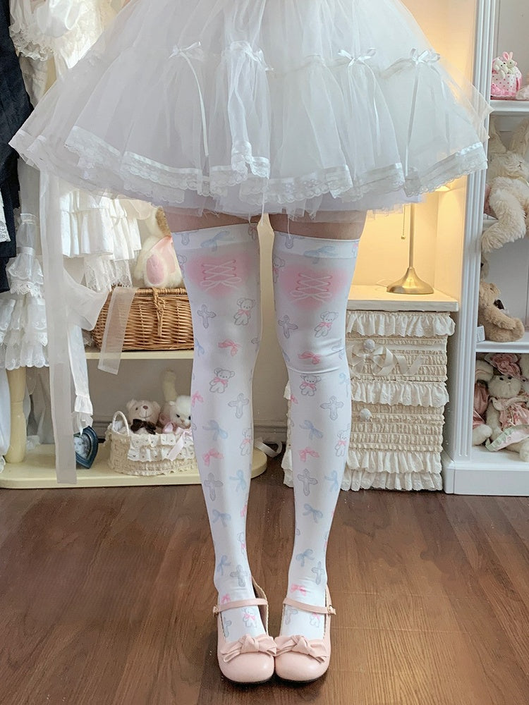Lolita Overknee Bowknot Print Stockings White Cross Bear Sweet and