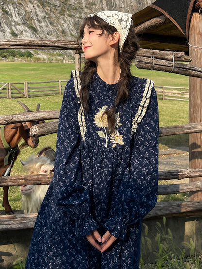 Dark Blue Floral Ruffle Neckline Mori Kei Floral Dress