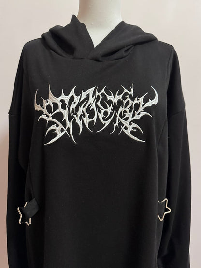 Buckle Jirai Decorated Black Hoodie Embroidery Details Kei