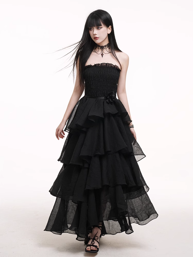 Waist Mesh Black High Prom Gown Dress Tiered Skirt