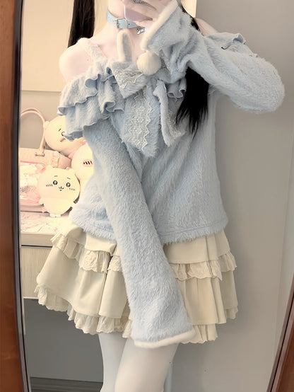 Blue Ruffled Sweater with White Tiered Skirtand Bunny Ear Bow Set