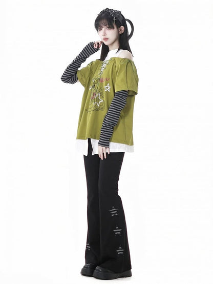 Black Star Appliques Flared Pants
