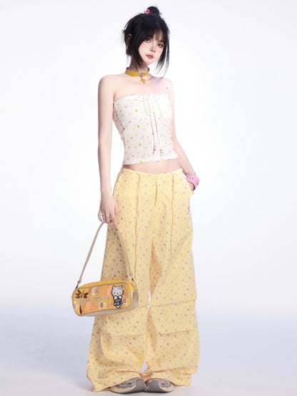 Light Yellow Drawstring Waist Floral Wide-leg Casual Pants