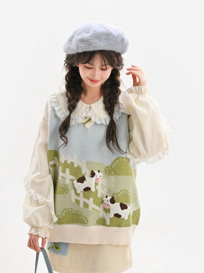 Green Pasture Cow Pattern Knitted Vest