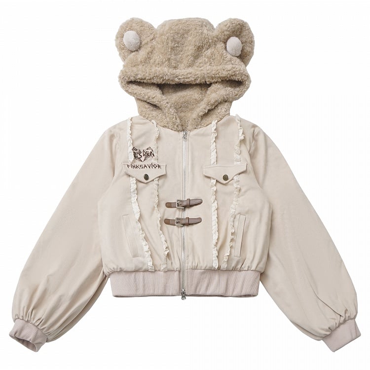 Beige Bear Ears Hood Lace Trim Coat