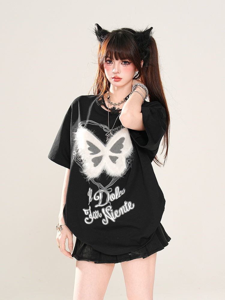 Butterfly Design Neckline Plush Butterfly Pink/Black Graphic T-shirt