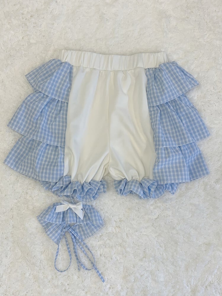 White Blue Plaid Pattern Tiered  Bloomers