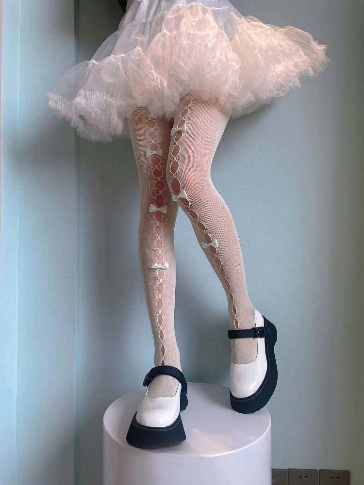 White Black Semi-sheer Bowknots Cutout Lolita Stockings