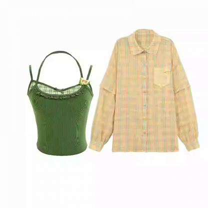 Plaid Shirt Set Green Faux Two-Pieces Cami Top with Yellow