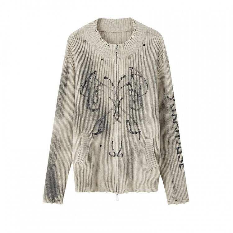 Khaki Two-Way Zip Placket Distressed Knitted Sweater Wasteland Punk