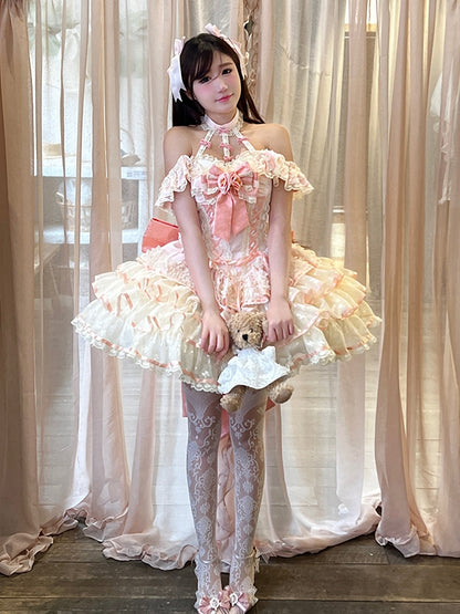 Pink Dress Ruffles Corset Fairy Princess Lace Kei Halter Tiered Neck Waist Skirt