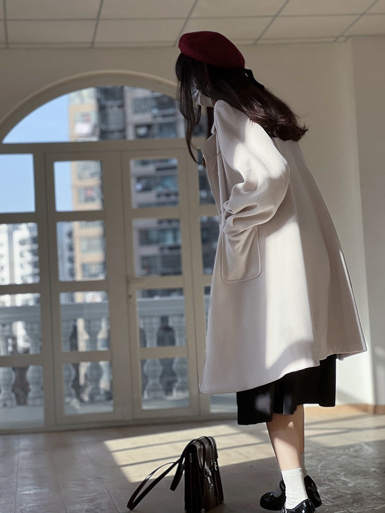 Double Breasted Design Notched Collar  with Long Woolen Coat White