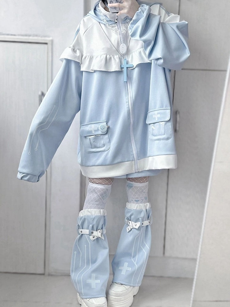 Tenshi Kaiwai Light Blue Yami Kawaii Cross Cat Ear Hoodie Shorts Set