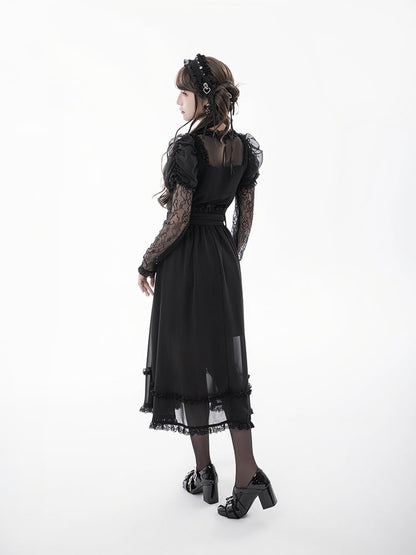 Skirt with Buckle Belt Black High Waist Mesh Overlay