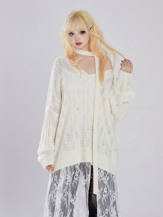 Apricot/Black V-neck Hollow-out Knitted Sweater