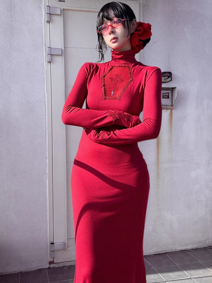 Gothic Red Coffin Cutout Cross Details High Neck Mermaid Skirt Maxi Dress