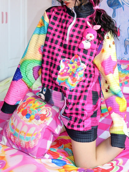 Star Plaid Print Sweatshirt Y2K Black Pattern