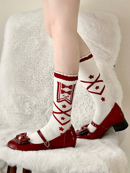 Socks Crisscorss Print Star and Bowknot Blue/Red Lolita Banded Calf