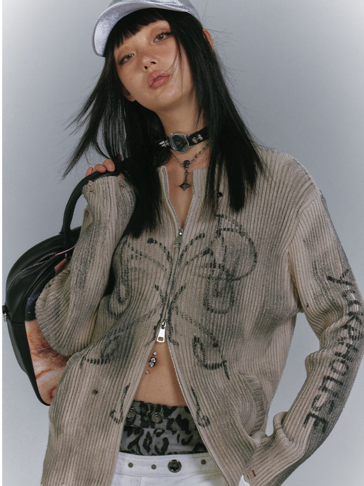 Khaki Two-Way Zip Placket Distressed Knitted Sweater Wasteland Punk