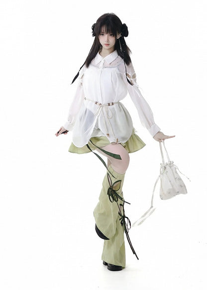 Green Cheongsam Tiered Skirt with Waist Belt Elastic Waist Style