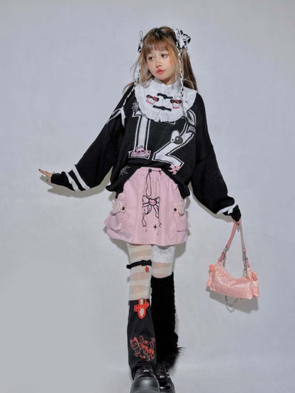 Black Kitty Spiderand Cross Skeleton Appliques Oversized Top