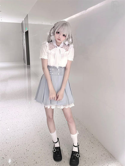 Accents Trim Jirai Light Blue Box Pleat Skirt Lace Ruffled Rhinestone Kei