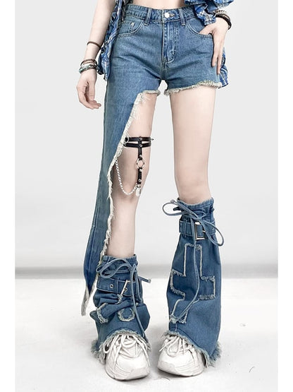 Y2K Asymmetrical Shorts Hem Blue Denim
