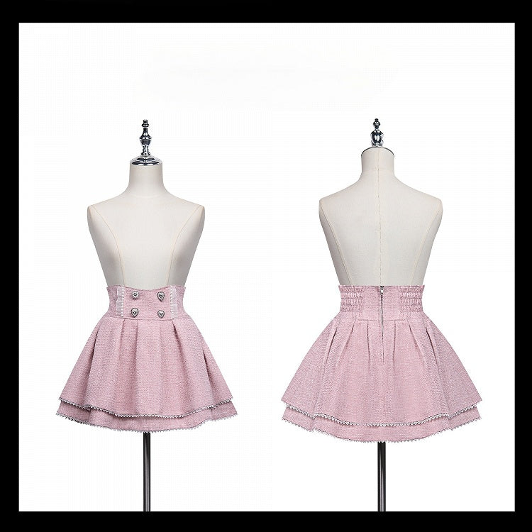 Tweed Skirt Waist Pink Jirai Kei Heart Rhinestones High