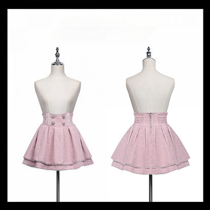 Tweed Skirt Waist Pink Jirai Kei Heart Rhinestones High